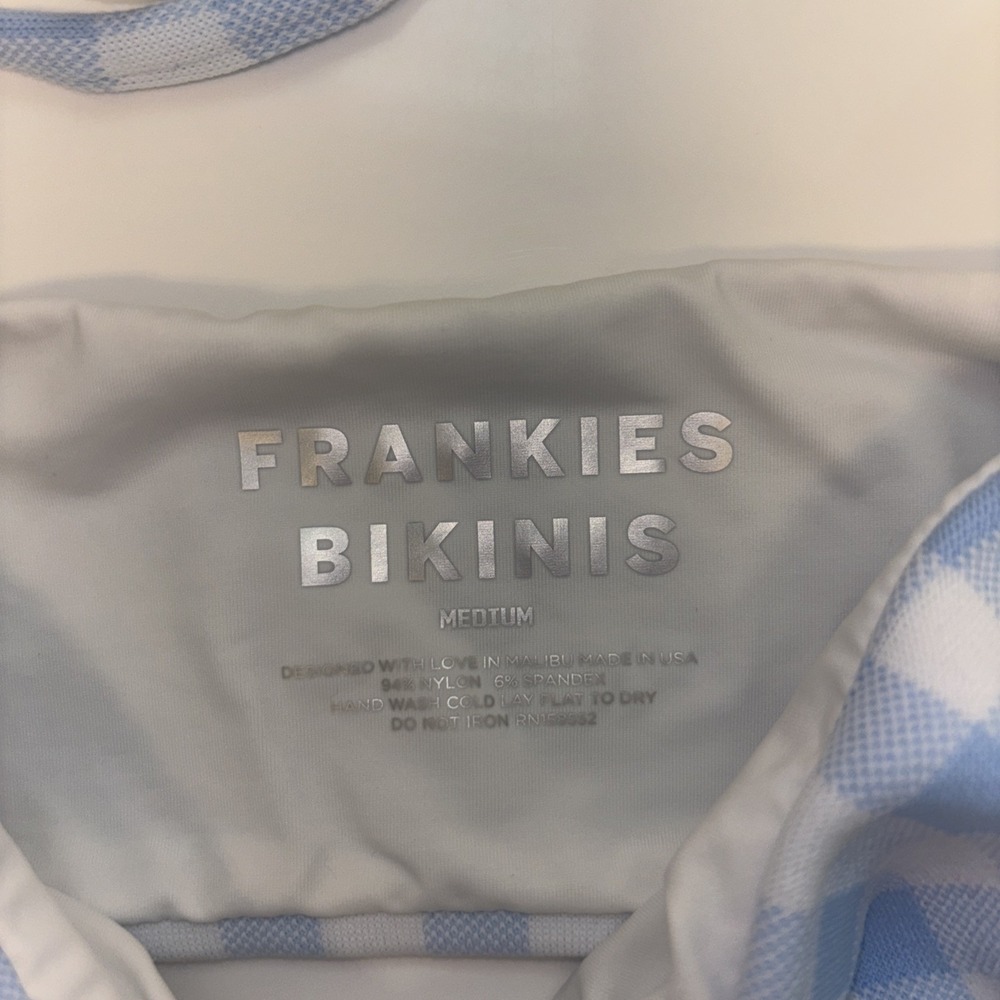 Frankies Bikinis Greer Gingham Bow Front Bikini Top Blue White Medium - Picture 4 of 6